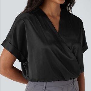 NWT HALARA Crossover V-Neck Batwing-Sleeve Snap Satin Work Bodysuit